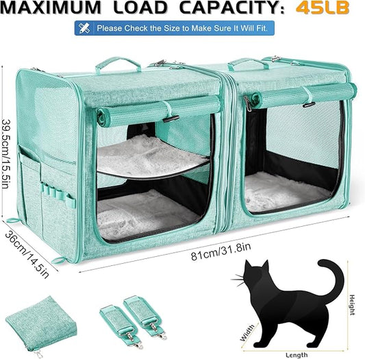Suertree Cat Carrier for 2 Cats, Pet Travel Carrier with Litter Box for Cats and Small Dogs Up to 45 Lbs, Bowls, and Locking Zippers, Green