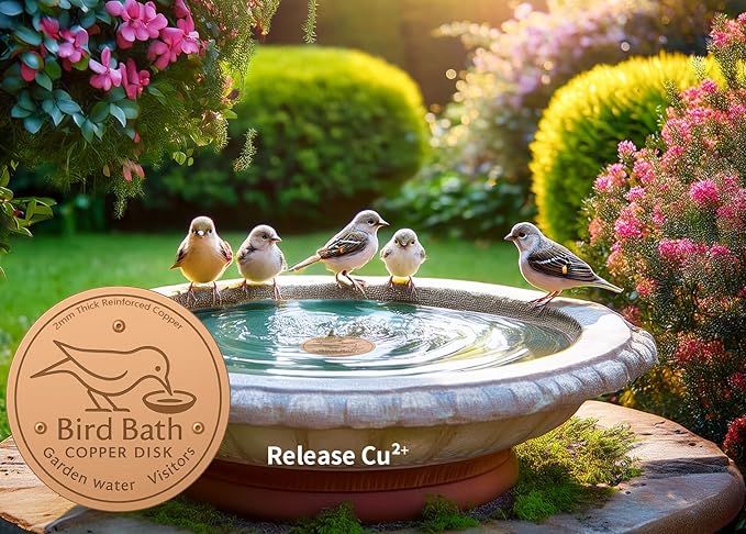 Copper Bird Bath Disc – 99.99% Pure Copper Purification Disk, 0.8mm Thick Insert with Triple-Point Support, Fits Outdoor Birdbath Bowls in Ceramic, Stone, Resin or Metal