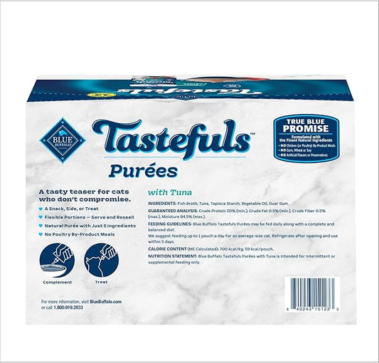 Blue Buffalo Tastefuls Purées with Tuna, Natural Cat Food Complement, Resealable Twist Cap Pouches, 3-oz (12 Count)