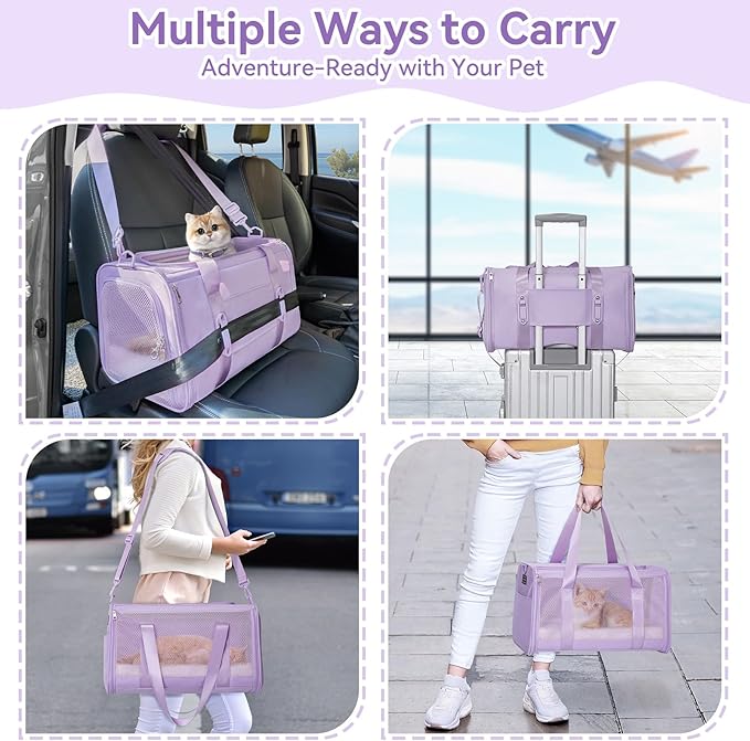 PETSFIT Soft-Sided Cat Carriers & Car Seats with Patent Safe Buckles, Clip-On Harness,19"x12"x12" Pet Travel Carrier - 20 lbs Capacity (Purple)