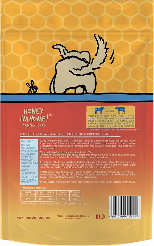 Honey I'm Home, Buffalo Wrapped Mango Jerky Dog Treats, 5.29 Ounces - All Natural, Free Range, Healthy, Grain Free, Honey Coated & Chewy