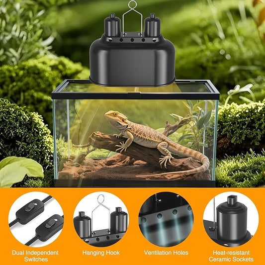 Dual Reptile Light Fixture with Switches, Reptile Heat Lamp Fixture, Reptiles Terrarium UVB Bulb Fixture for Bearded Dragon, Max 100W Each
