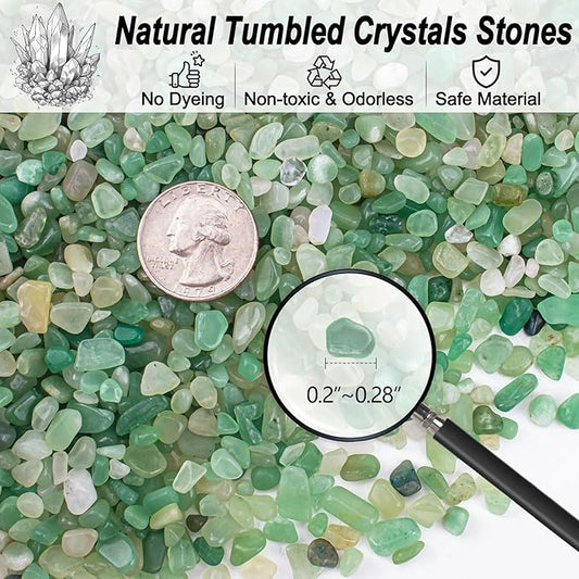 Crystal Chips Bulk Green Aventurine Crushed Quartz Stones Pebbles, 5-7mm Polished Tumbled Healing Crystal Chips Crushed Rocks Jade Pebbles for Aquarium, Garden and Home - 3 Lbs