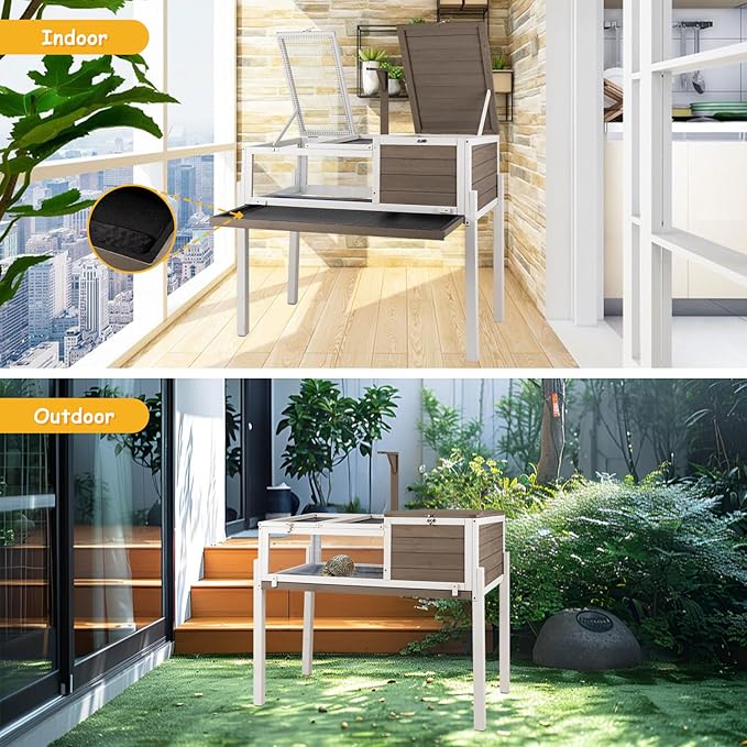 Tortoise Habitat Wooden Tortoise House, Indoor Turtle Enclosure Outdoor Reptile Cage with Removable Bottom, Light Support, Openable Roof (Tall Tortoise Habitat, Leakproof Tray)