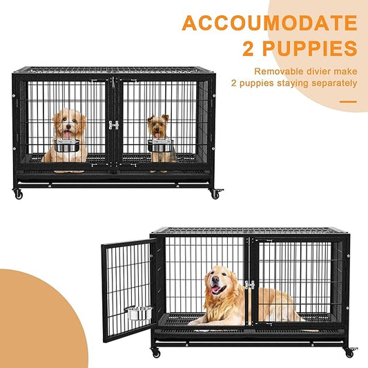 48/43 inch Heavy Duty Dog Crate with Divider for Large Dogs, Stackable Dog Kennels and Metal Wire Cages with Feeding Bowls, Leak-Proof Pans, Removable Wire Trays, Extra Large XL XXL