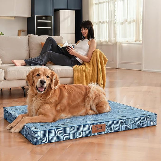 Outdoor Extra Large Dog Crate Bed, Big Waterproof Dog Bed for Large Dogs, Orthopedic Egg Foam XXL Pet Mat with Removable Cooling Cover, White Blue