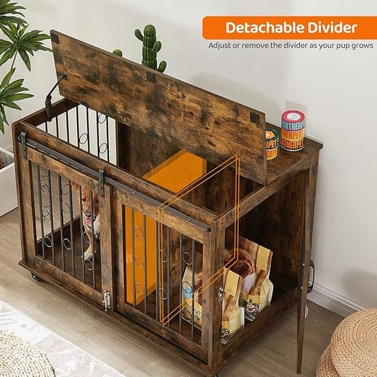 IchbinGo Dog Crate Furniture with Sliding Barn Door, 39" Wooden Dog Kennel End Table with Wheels and Flip-top Plate Dog House with Detachable Divider for Small/Medium/Large Dog (Rustic Brown)