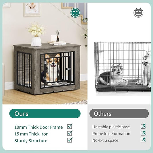 YITAHOME Dog Crate Furniture for Medium Dogs, Side End Table, Modern Dogs Kennel Indoor up to 35 lb, 2-in-1 Iron-Wood Fusion Dog Cage with Waterproof Top, Safety Corners,Steel Lock,30" L,Greige