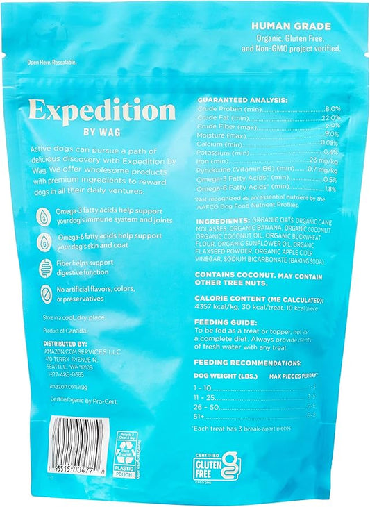 Amazon Brand - Wag Expedition Human Grade Organic Biscuits Dog Treats, Non-GMO, Banana & Coconut, 10oz