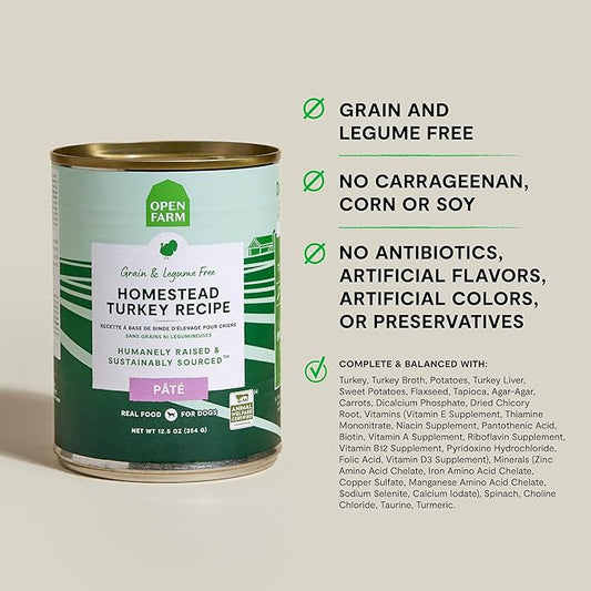 Open Farm Canned Dog Food, Paté for Complete & Balanced Nutrition, Grain-Free and Legume-Free, Homestead Turkey Recipe, 12.5oz Cans (Pack of 12)