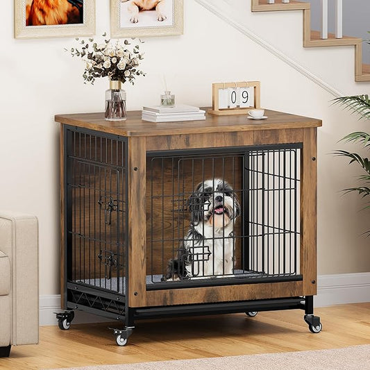 YITAHOME Dog Crate Furniture with Cushion, Dog Kennel Indoor with Wheels, 27" Dog Cage with Double Doors for Small Dog (Rustic Brown)