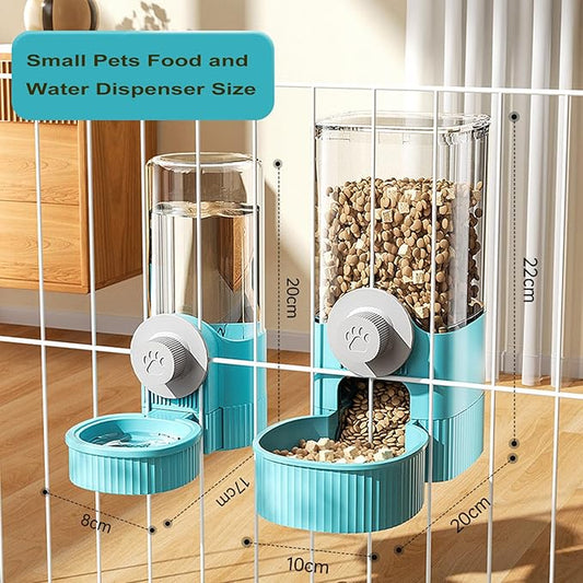 Hanging Cage Automatic Food Water Dispenser, Auto Gravity 1.2L Self-Feeding Feeder and 0.52L Waterer Set, Crate Auto Feeder Dish for Puppy Cats Ferret Bunny Guinea Pig Small Pets (Blue)