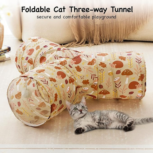 Tempcore Pet Cat Tunnel Tube Cat Toys 3 Way Collapsible, Cat Tunnels for Indoor Cats,Kitty Tunnel Bored Pet Toys Peek Hole Toy Ball Puppy, Kitty, Kitten, Rabbit Khaki Hedgehog