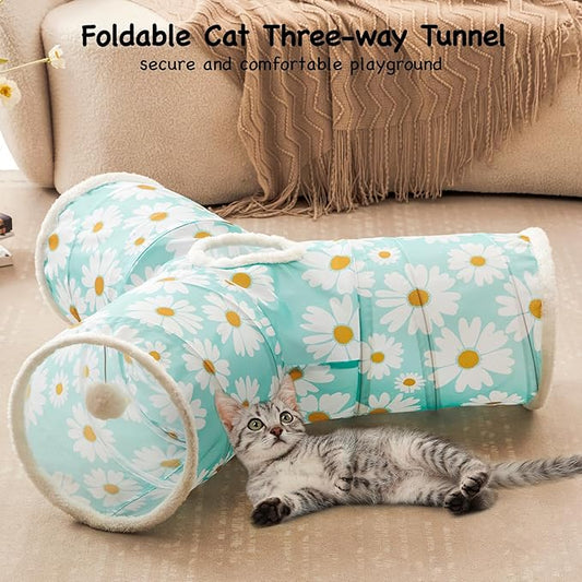 Tempcore Pet Cat Tunnel Tube Cat Toys 3 Way Collapsible, Cat Tunnels for Indoor Cats,Kitty Tunnel Bored Pet Toys Peek Hole Toy Ball, Puppy, Kitty, Kitten, Rabbit Daisy Blue Printed