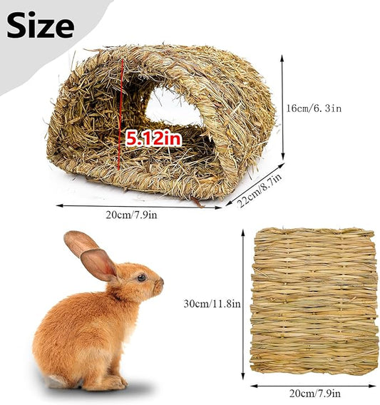 Hamiledyi Bunny Grass Tunnel,Rabbit Grass Bed,Natural Straw Woven Mat Winter Warm Hideaway Hut for Rabbit Gerbil Ferrets Guinea Pig Chinchilla (Small).