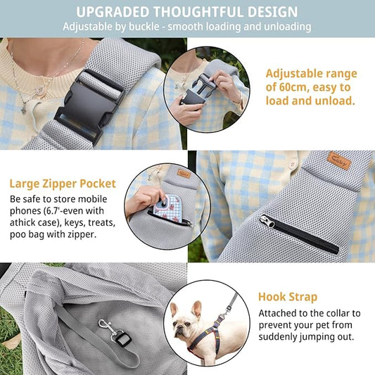 CUBY Dog and Cat Sling Carrier - Hands Free Breathable Mesh Small Dog Sling Carrier-Soft Pouch and Tote Design-Suitable for Puppy, Small Dog Cat Pets Carriers Sling Outdoor(Grey-Mesh,Adjust Strap 2.0)