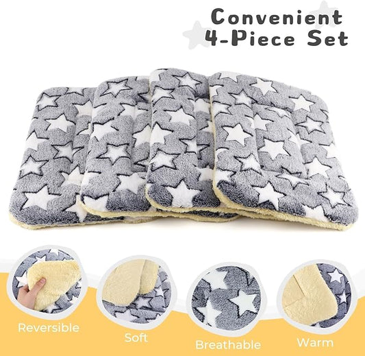 4-Pack Rabbit Bed, Washable Bunny Mat, Fleece Guinea Pig Bedding, Soft Flannel Small Animal Cage Liner, Blanket for Hamster Ferret - 19"x13"