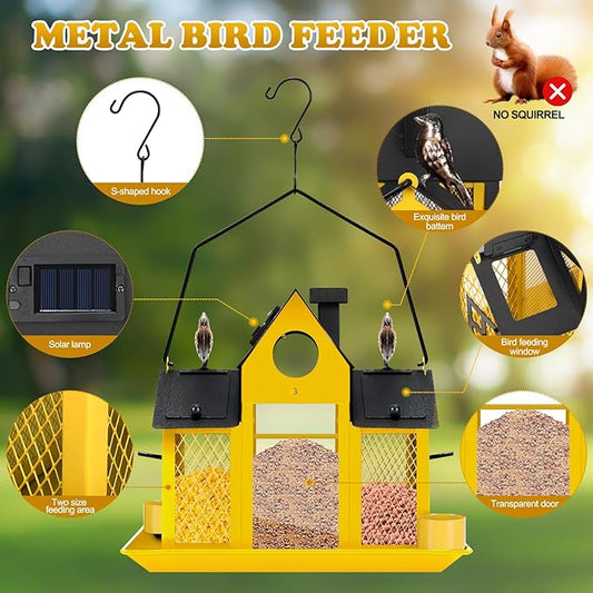 Solar Bird Feeders House for Outside Hanging, Metal Wild Bird Feeder for Outdoors Large Capacity Cardinal Birdfeeder Birdhouses Metal Bird Feeding Station Yellow