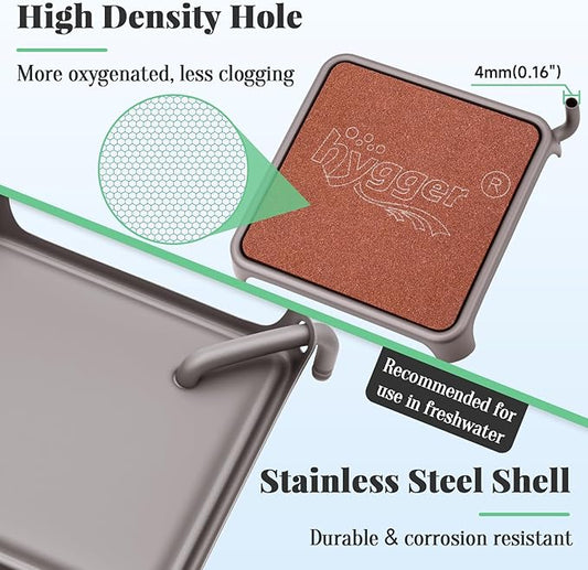 hygger Aquarium Air Stone, 2.44 Inch Nano Air Stone Make Super Tiny Bubble, Ultra Quiet Dissolved Oxygen Diffuser Small Airstone with Stainless Steel Base for Aquarium, Fish Tank & Hydroponic, Square