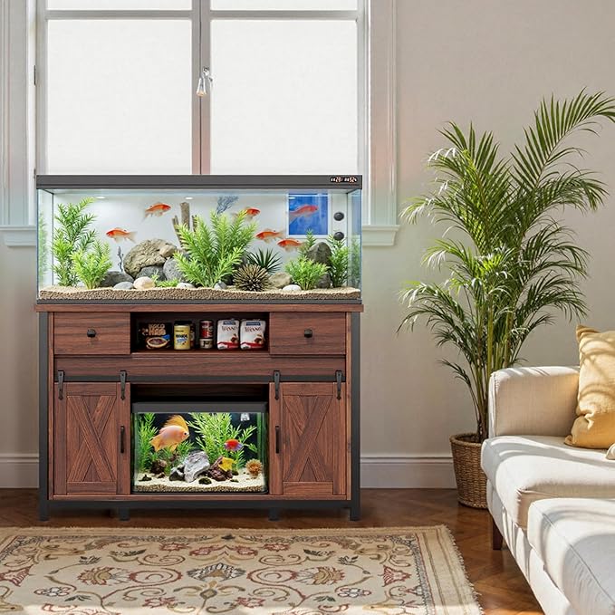 Miereirl 55-75 Gallon Fish Tank Stand with Power Outlet – Heavy Duty Aquarium Stand, 800 lb Capacity, Farmhouse Style, Adjustable Storage & Sliding Barn Doors, Light Brown