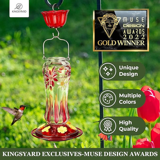 Kingsyard 2 Pack Glass Hummingbird Feeders for Outdoors Hanging, Hummingbird Nectar Feeder with Ant Moat & 6 Feeding Ports, 25 Oz Leak Proof, Red