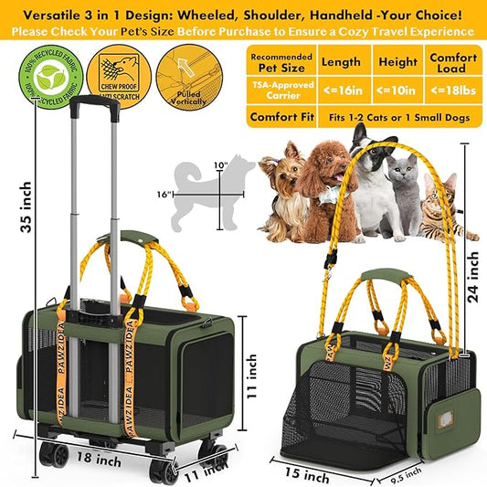 PAWZIDEA Expandable Pet Carrier with Wheels, 18"X11"X11" TSA Airline Approved Cat Carrier for 2 Cats Under Seat, Foldable Soft-Sided Dog Carrier for Small Dogs Rolling Travel Bag w/Telescopic Handle