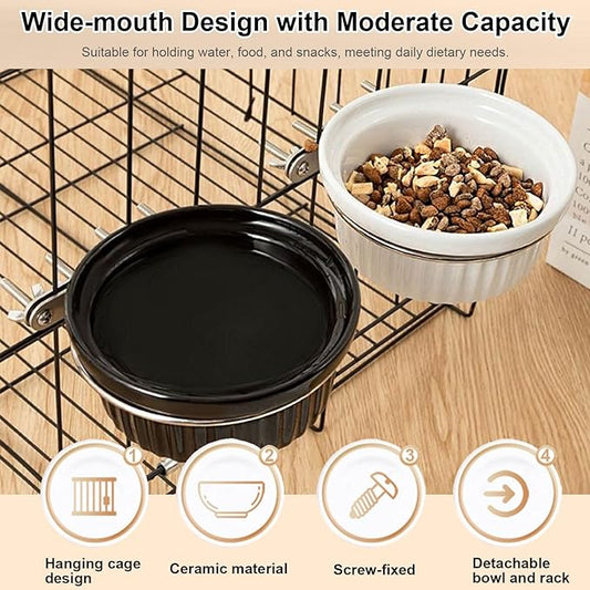 Rabbit Hanging Ceramic Bowl, Removable Cage Feeder Thick Ceramic Bowl with Stainless Steel Support Ring Pet Water Food Bowl for Small Animal Chinchilla Ferret Small Dog & Cat (4.92 * 1.97”) (Black)
