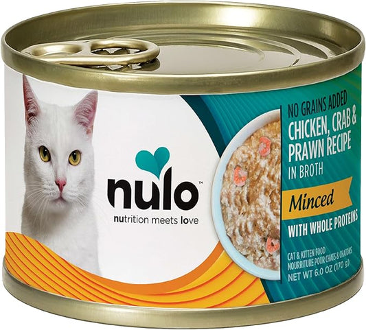 Nulo Minced with Whole Proteins Wet Canned Cat Food, Chicken, Crab, and Prawn in Broth, 6.0 Ounce, 8 Cans