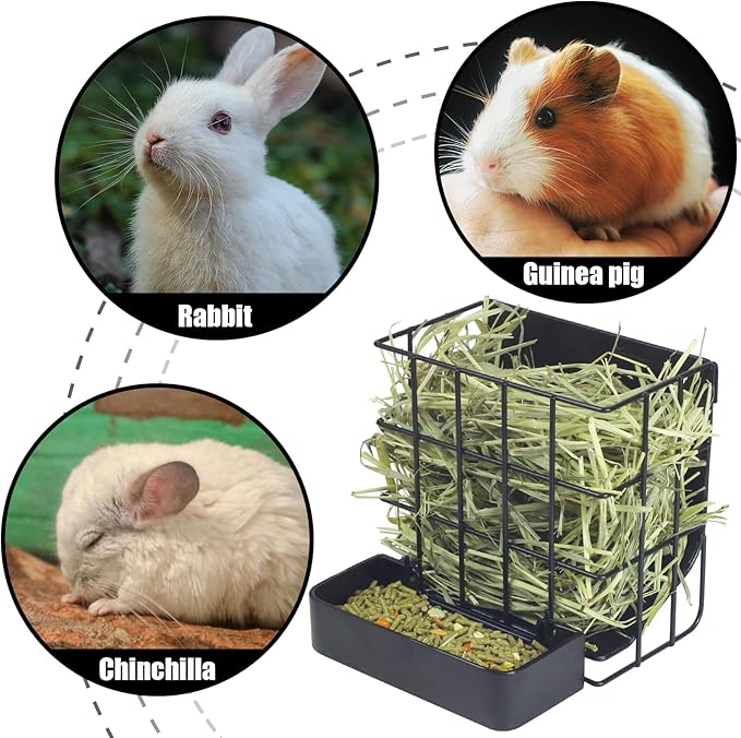 Rabbit Hay Feeder Guinea Pig Hay Feeder, Hay and Food Holder with Hook Heavy-Duty Metal Frame Hay Rack,for Bunny, Guinea Pigs,Chinchillas, Comes with Two Multifunctional Zippers-6.8x6.7x6.6inch