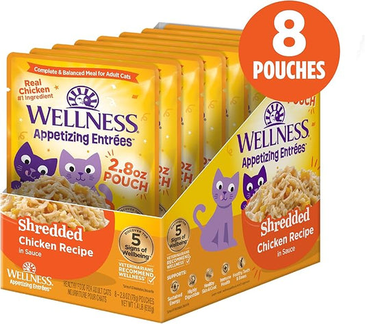 Wellness Appetizing Entrées Shredded Adult Wet Cat Food, Natural, Protein-Rich, Grain Free, 2.8 Ounce Pouch, 8 Pack (Chicken Recipe)