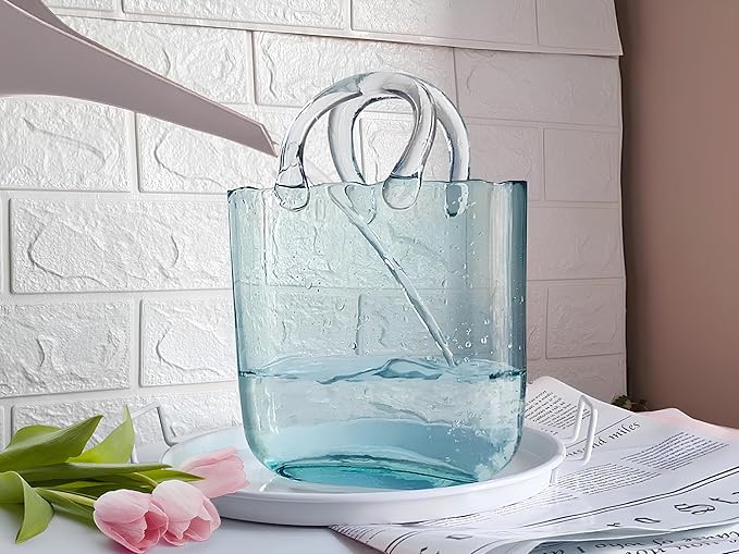 OLEEK Purse vases for Flowers (Handmade) Glass Bag vase -10 Inches- Blue for centerpieces & Fish Bowl - Handbag Unique Flower vase Decorative - Glass Handbag for Cute Room Decor