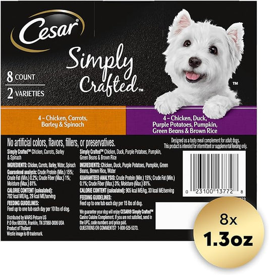 Cesar Simply Crafted Adult Wet Dog Food Meal Topper, Chicken, Duck, Purple Potatoes, Pumpkin, Green Beans & Brown Rice and Chicken, Carrots, Barley & Spinach Multipack, 1.3oz (8 Count, Pack of 1)