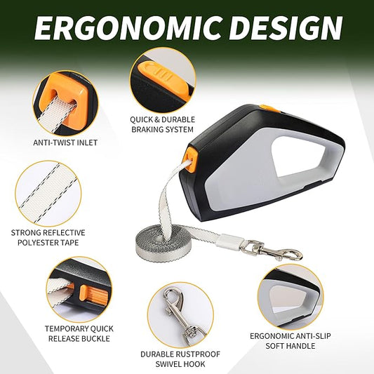 Vivicreate Heavy Duty Retractable Dog Leash – 16ft Strong Nylon Tape Leash for Medium & Large Dogs up to 110 lbs – One-Handed Brake, Pause, Lock – for Walking, Training (Black)