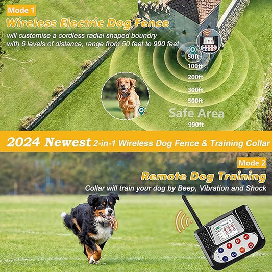 Wireless Dog Fence & Dog Training Collar 2 in 1, Electric Pet Boundary Container with Remote, Waterproof Receiver, Vibrate/Shock, Safe Effective, Stubborn Dog Fence System for Yard,for4dogs