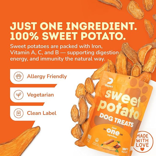 Davie's Sweet Potato Dog Treats - Healthy Dog Chews, Low Fat, Made in USA, 1 lb Bag - Pack of 5