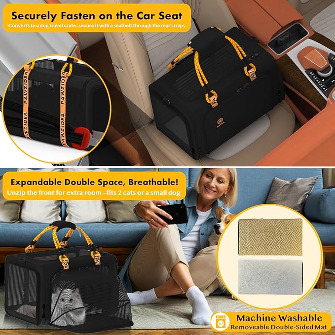 PAWZIDEA Expandable Pet Carrier with Wheels, 18"x11"x11" TSA Airline Approved Cat Carrier for 2 Cats Under Seat, Soft-Sided Dog Carrier for Small Dogs Rolling Travel Bag w/Telescopic Handle, ID Card