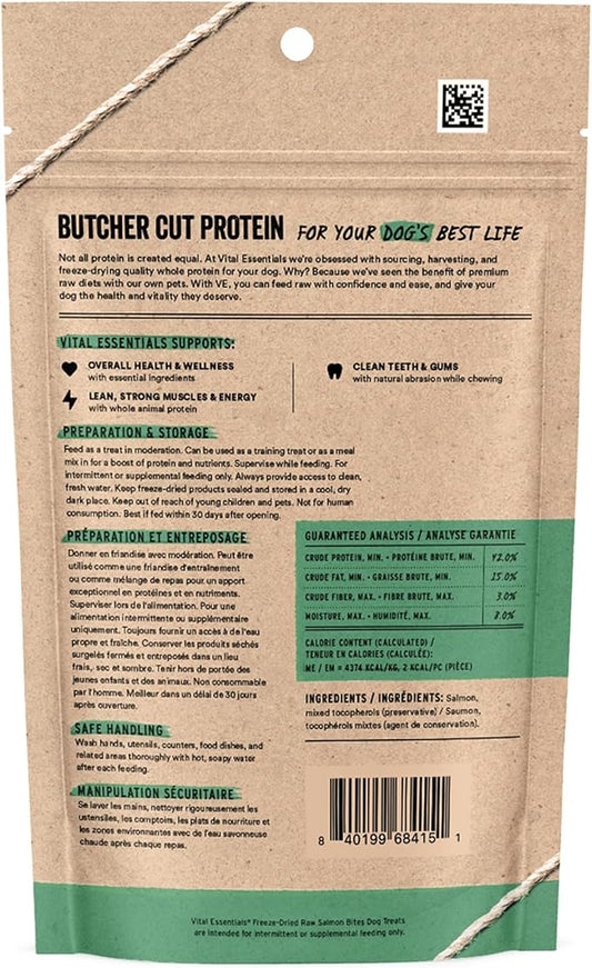 Vital Essentials Salmon Bites Dog Treats, 2.5 oz | Freeze-Dried Raw | Single Protein | Premium Quality High Protein Training Treats | Grain Free, Gluten Free, Filler Free