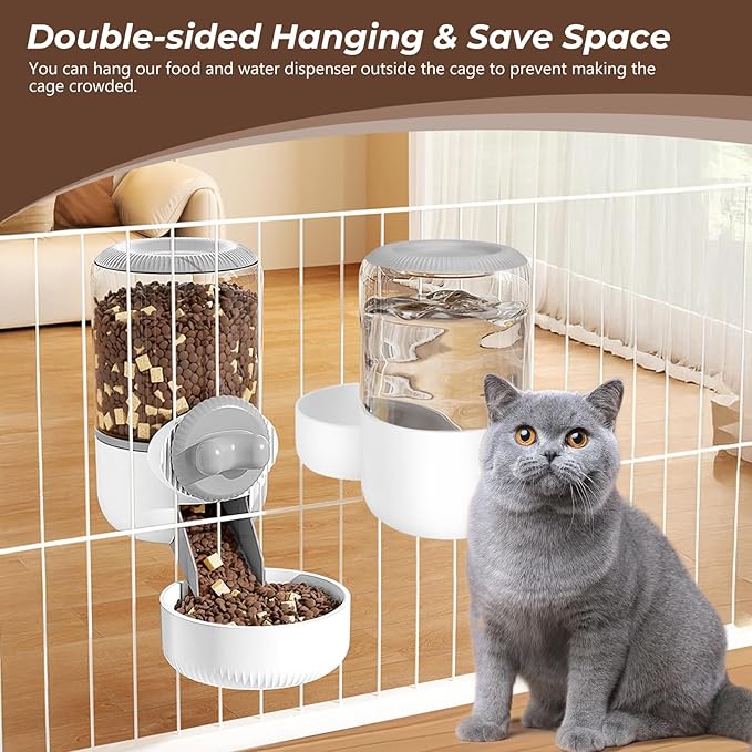 Hanging Cage Automatic Food Water Dispenser with Separate 1.3L Food Bowl and 0.9L Waterer, Kennel Gravity Pet Feeder Set Crate Auto Feeder Dish for Small Pets Cat Puppy Ferret Bunny Guinea Pig