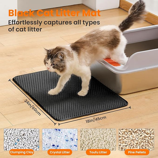Cat Litter Mat, 24x18 Inches Large Double Layer Honeycomb Cat Litter Trapping Mat, Non Slip Waterproof Urine Proof Cat Litter Box Mat for Floor, Kitty Litter Rug, Cat Supplies, Black