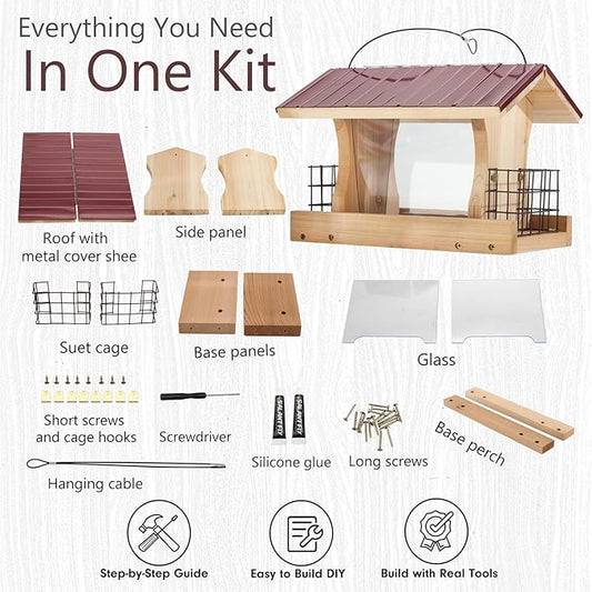 XL Large Hopper Bird Feeders for Outside - DIY Birdfeeder Kits for Adults to Build - Ranch Feeder W/Suet Cages - Heavy Duty 3/4" Red Cedar - Longtime Durability - 5 Lbs Compacity, 13" Size