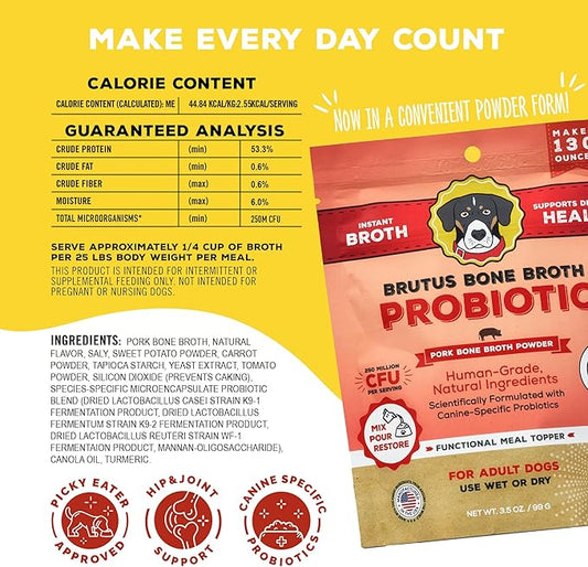 Brutus Bone Broth Probiotic Meal Toppers for Dogs Mega Pack (Pork) - Bone Broth Powder Fortified with Canine Probiotics - Dog Food Toppers for Dry Food - Makes 130oz of Liquid Bone Broth