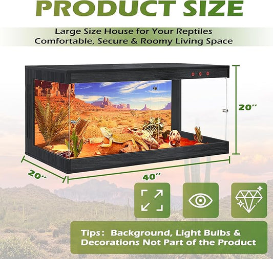 Royxen Tempered Glass Reptile Enclosure,Reptile Tank with Wooden Mesh Top and Lockable Design,61 Gallon Bearded Dragon Tank for Lizard Gecko Tortoise Snake Habitat,40" x 20" x 20",Black