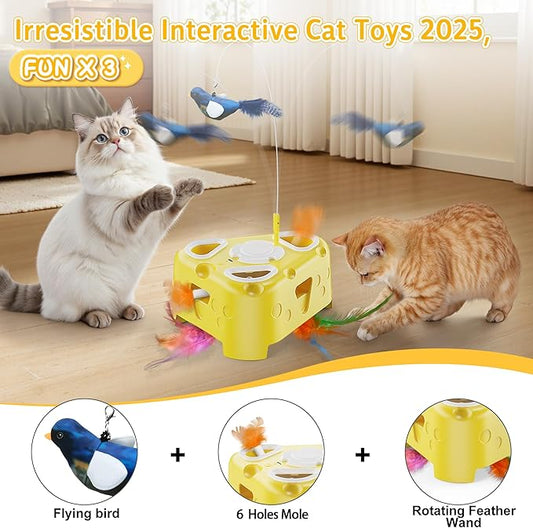 Interactive Cat Toy for Indoor Cats, Enrichment Stimulation Kitten Toys,Flying Bird,6 Holes Mole,Rotating Feather, USB Rechargeable Electronic Interactive Feather Toy for Bored Adult & Kitten Cats
