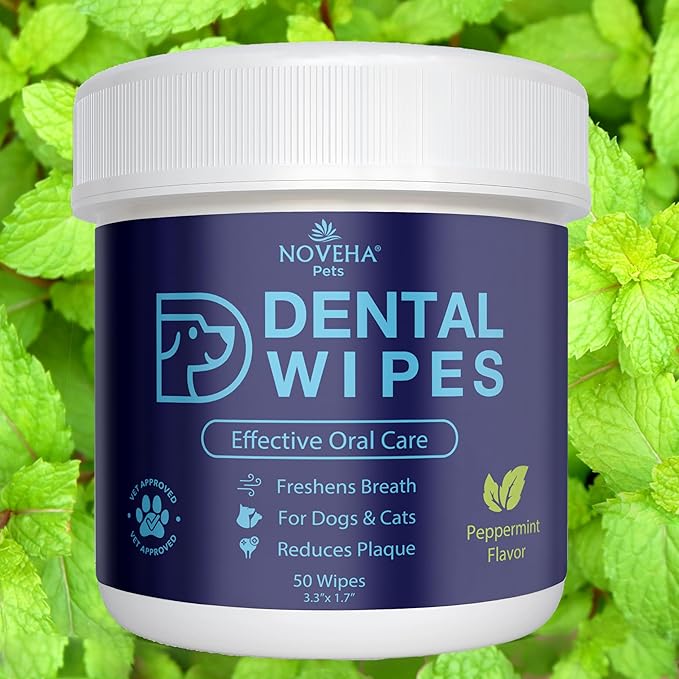 NOVEHA 50PCs Pets Dental Finger Wipes for Dogs & Cats | Freshens Breath, Reduces Plaque | Healthier Gums | Clean Teeth No Toothbrush | Vet Recommended Effective Natural Oral Care | Mint Flavor