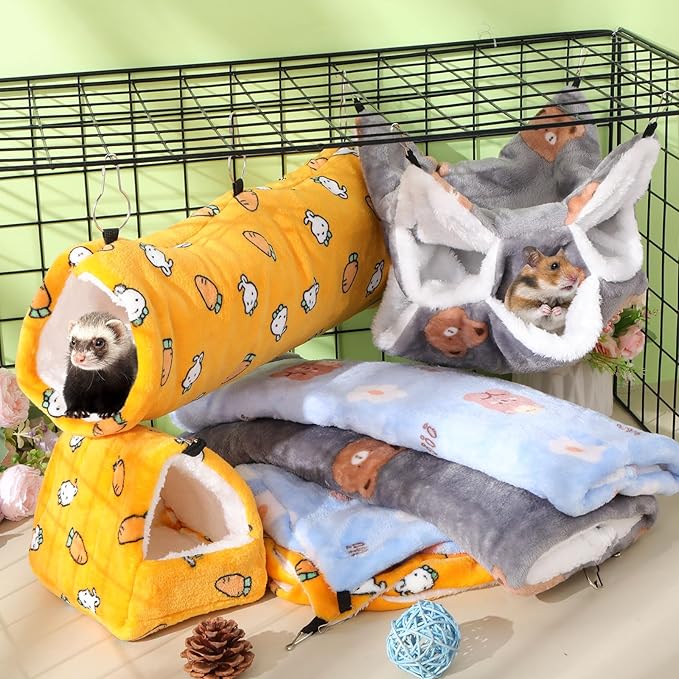 Abbylike 9 Pieces Rat Hammock 3 Tier Guinea Pig Ferret Hammocks Small Pet Hanging Tunnel Glider Toy Guinea Pig Ferret Hideout Bed Cage Accessories for Hamster(Yellow, Grey, Blue,Bear)