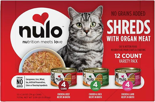 Nulo Real Shreds with Organ Meat Wet Canned Cat Food, Variety Flavors, 2.8 Ounce, 12 Cans