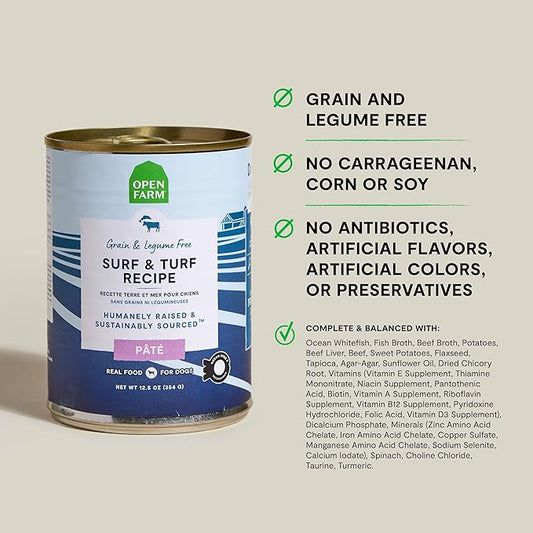 Open Farm Canned Dog Food, Paté for Complete & Balanced Nutrition, Grain-Free and Legume-Free, Surf & Turf Recipe, 12.5oz Cans (Pack of 12)