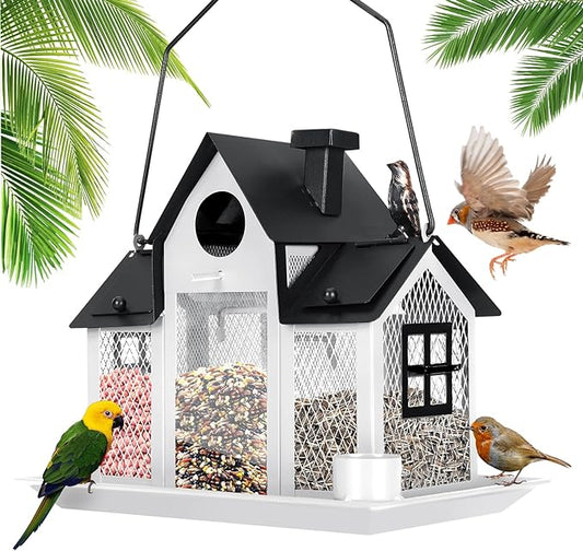 Solar Bird Feeders House for Outside Hanging, Metal Wild Bird Feeder for Outdoors Large Capacity Cardinal Birdfeeder Birdhouses Metal Bird Feeding Station White