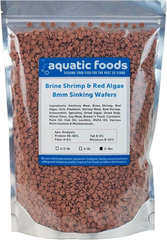Aquatic Foods Inc. 8mm - 1/3" Brine Shrimp & Red Algae Color Enhancing Sinking Wafers for Shrimp, Snails, Crabs, Plecos, Catfish. Bottom and All Tropical Fish...WL…2-lbs Foil Pouch Bag