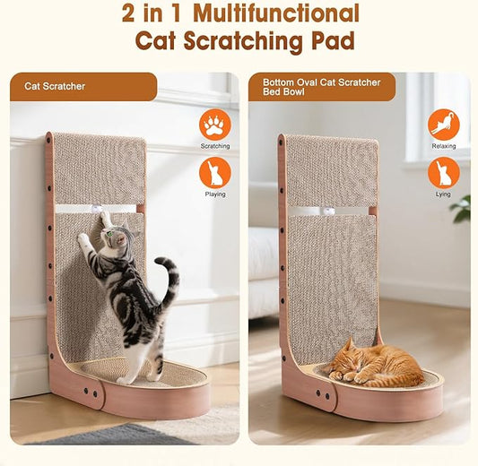 Cat Scratcher, 2 in 1 Multifunctional 26.8 Inch L Shape Cat Scratch Pad Wall Mounted with Oval Cat Bed Bowl and Built-in Toy Balls for Indoor Cats (1 PCS Cat Scratcher Include Toy Balls)